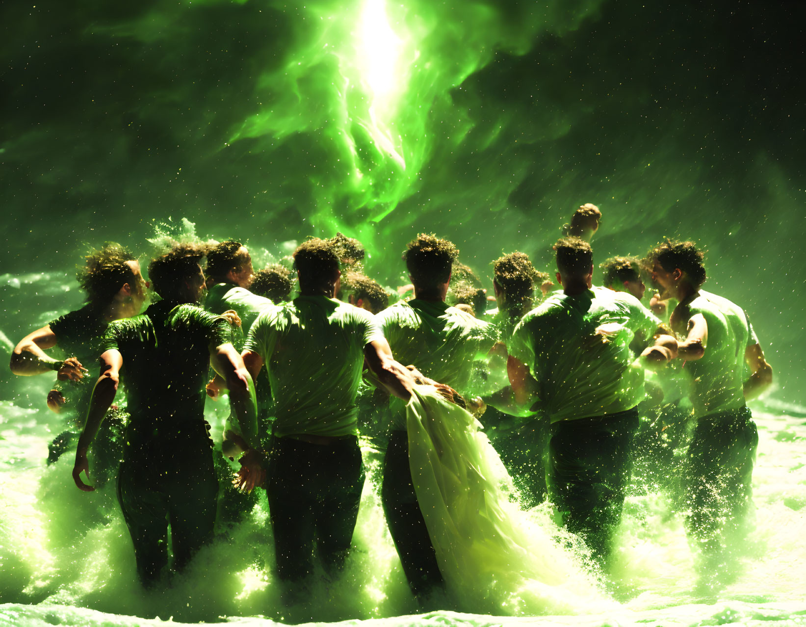 Group of People in Green Shirts Illuminated by Green Light with Splashing Water