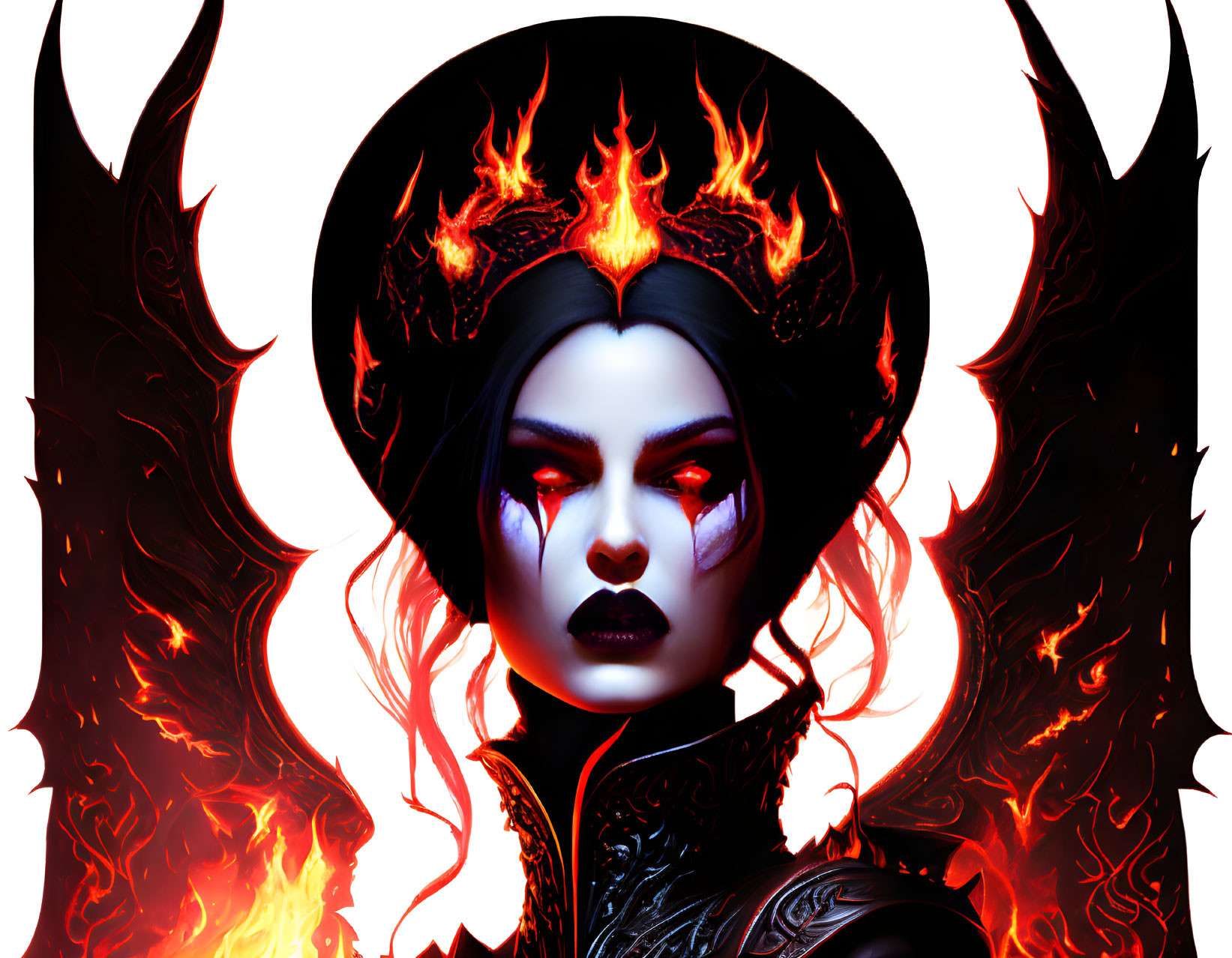 Mystical female character with fiery crown and dark makeup on white background