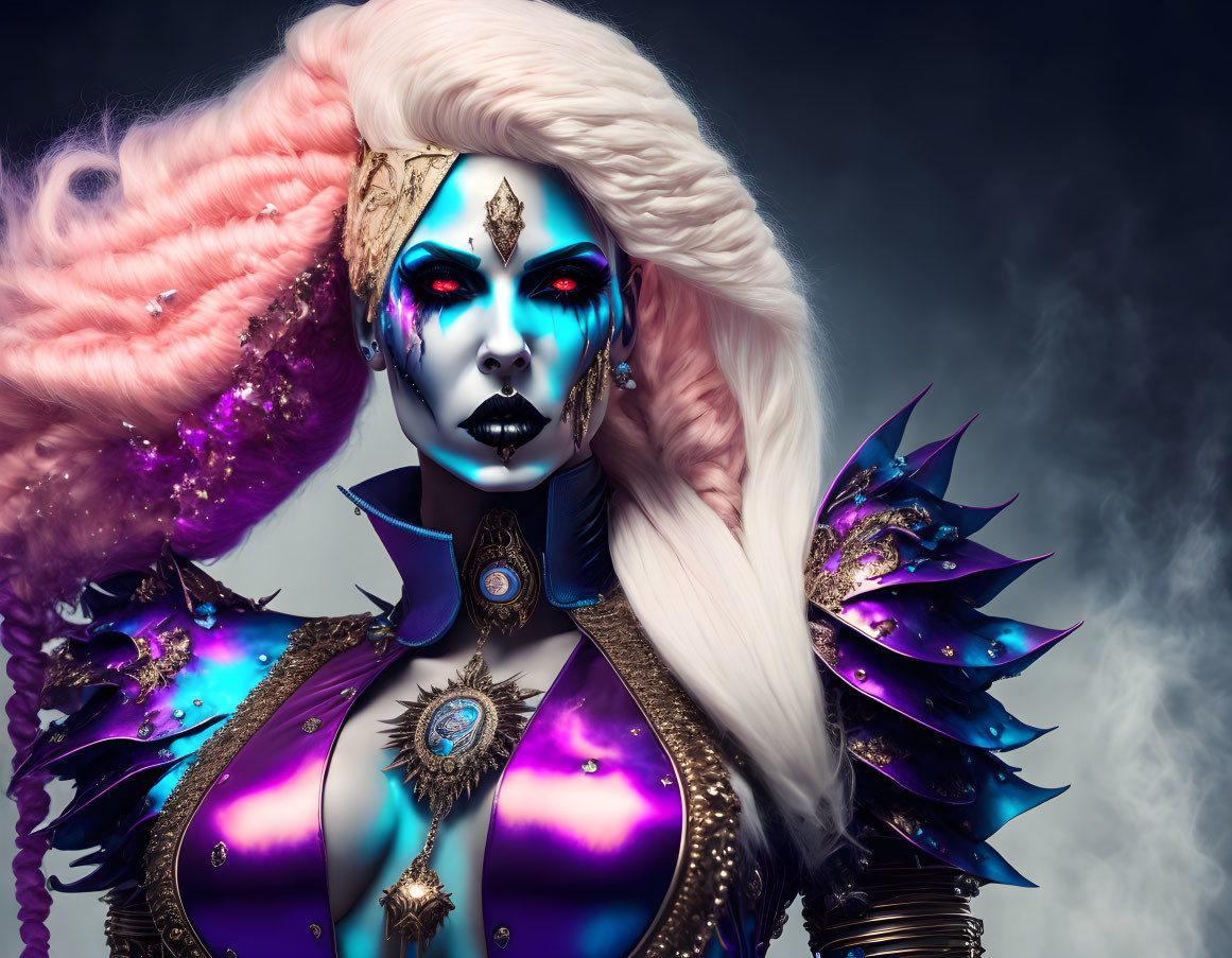 Portrait of a person with blue skin, white hair, and elaborate purple and gold armor.