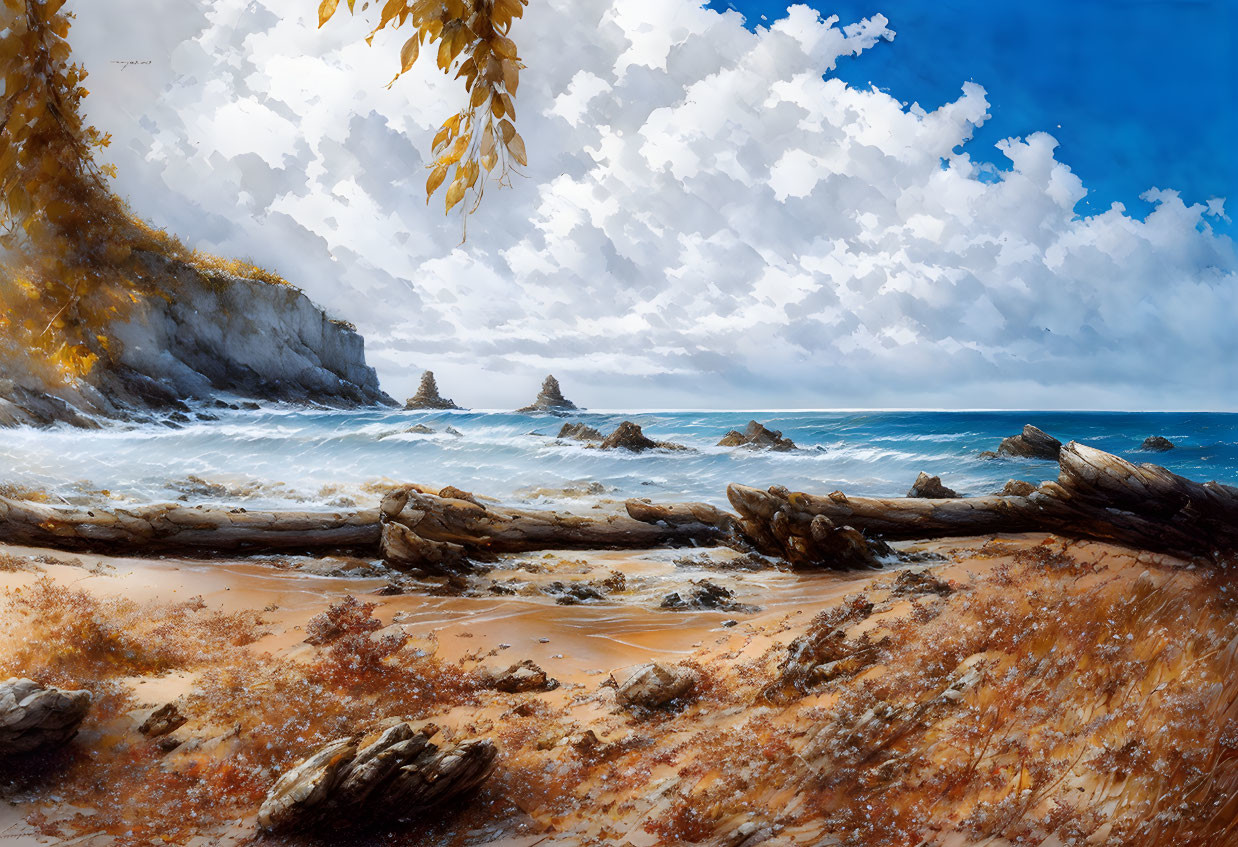 Rocky shoreline with driftwood, autumn leaves, and majestic clouds on a picturesque beach