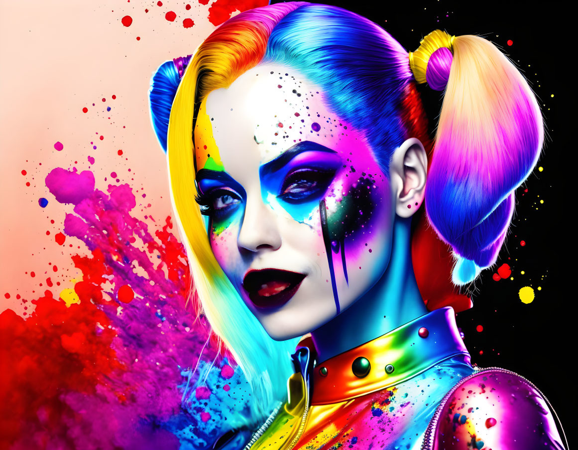 Colorful Hair and Makeup Woman Artwork on Black Background