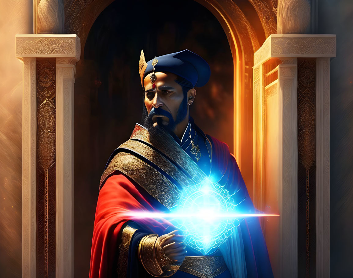 Regal figure in blue and red attire casting a spell against ornate archway.