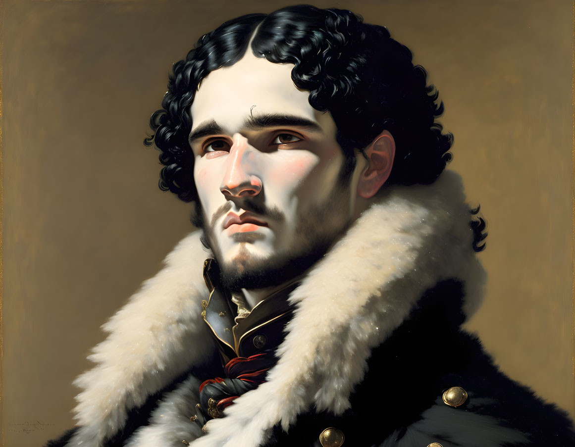 Man with Dark Curly Hair and Beard in Military-Style Jacket