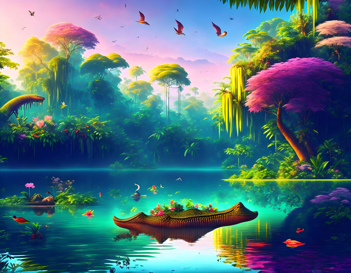 Luminous trees, river, birds, and leaf-shaped boat in fantasy landscape