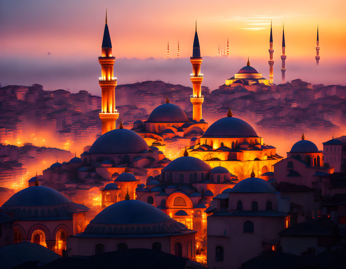 Vibrant orange sky over illuminated Istanbul minarets and domes