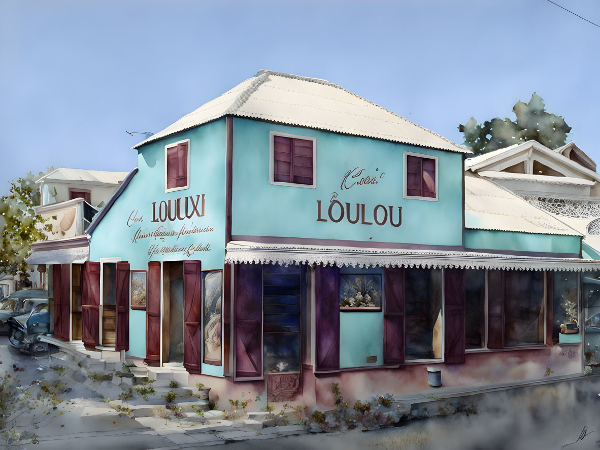 Pastel Blue Two-Story Building with "Chez LOULOU" Signage and Vintage Car