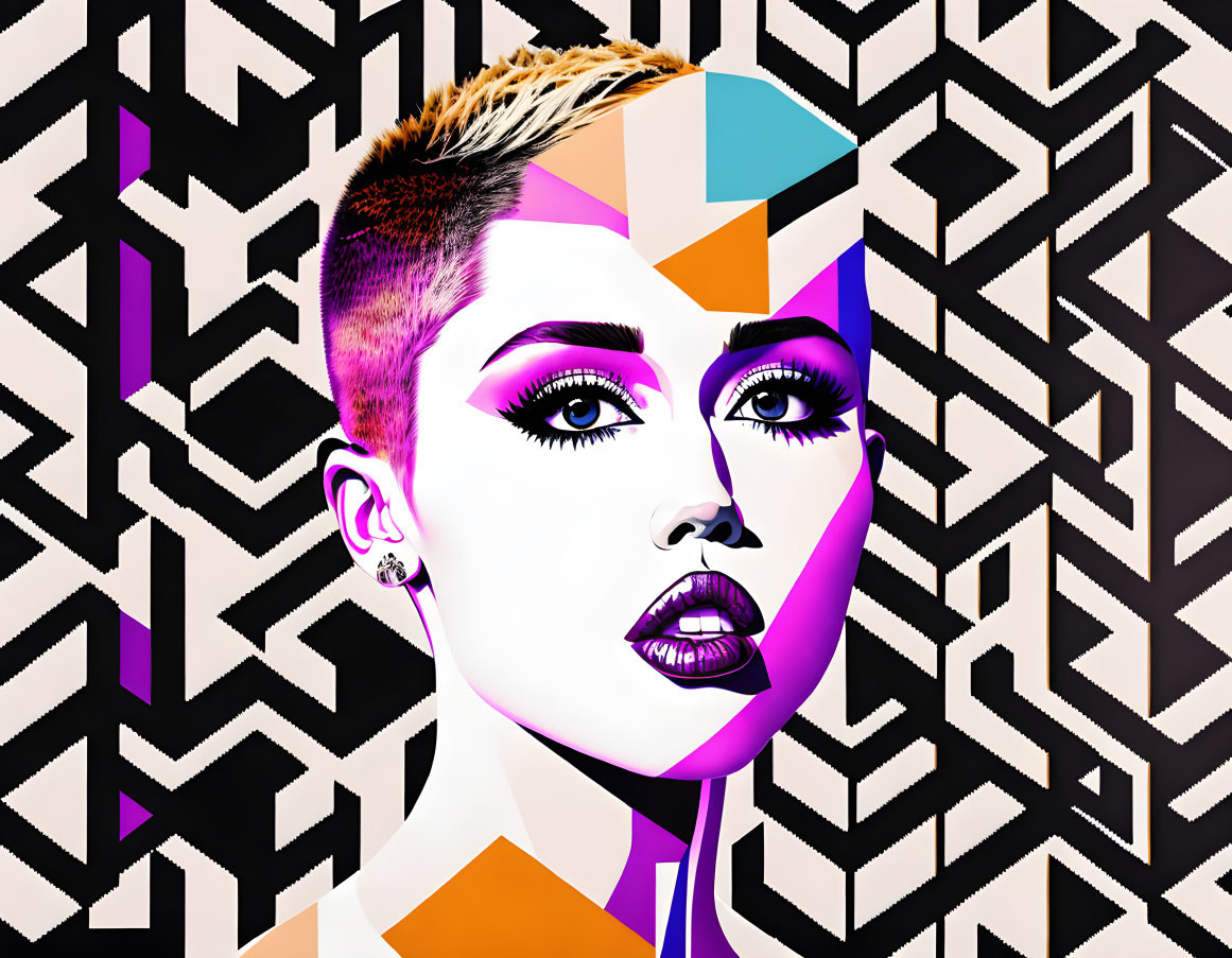 Vibrant digital art of woman's face with geometric patterns