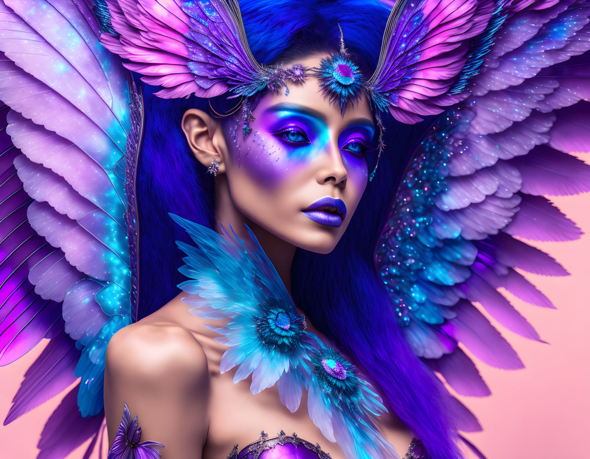 Colorful digital art: Woman with blue and purple makeup, feathers, and jewels on pink backdrop