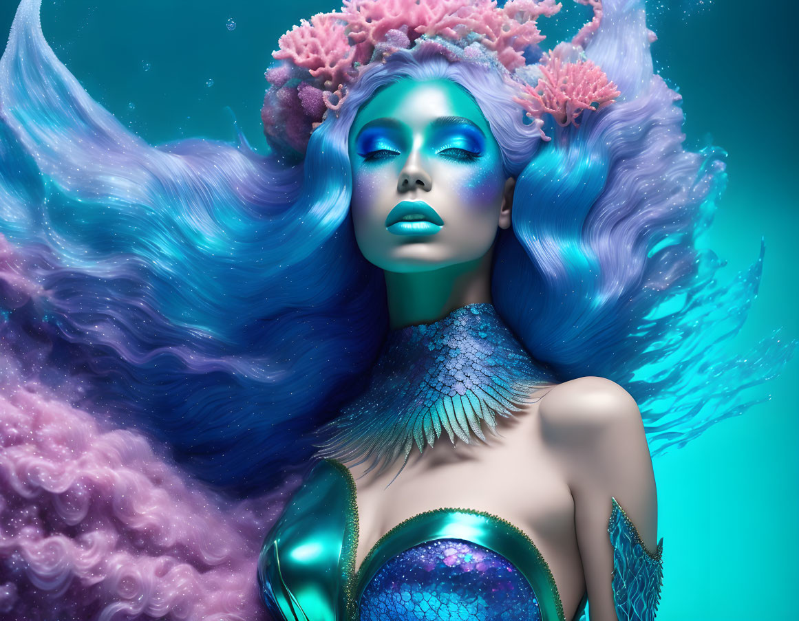 Vibrant blue-skinned woman with ocean wave hair and coral adornments on teal background