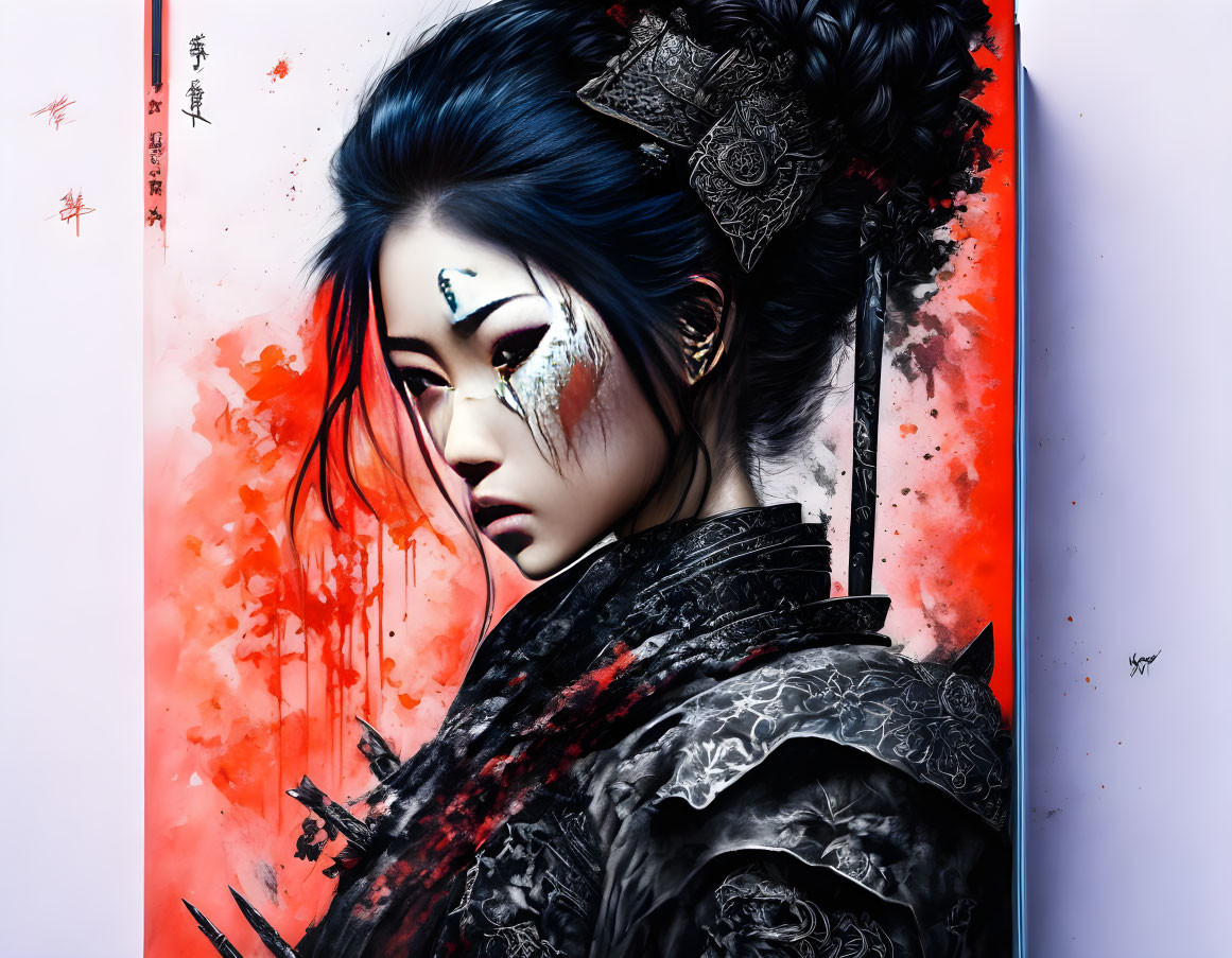 Digital illustration of woman with blue hair and Asian warrior makeup against red splashes