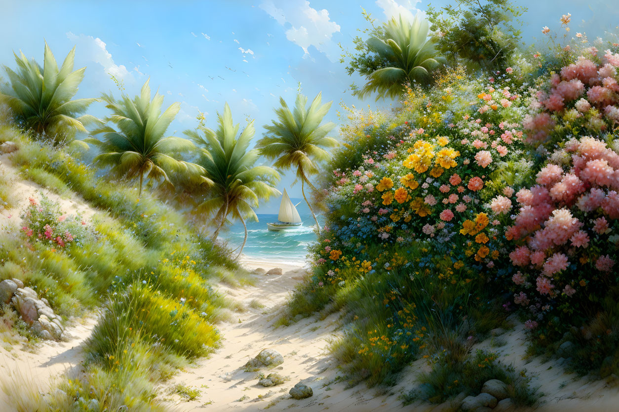 Tranquil beach scene with blooming flower garden, palm trees, blue sky, and sailboat