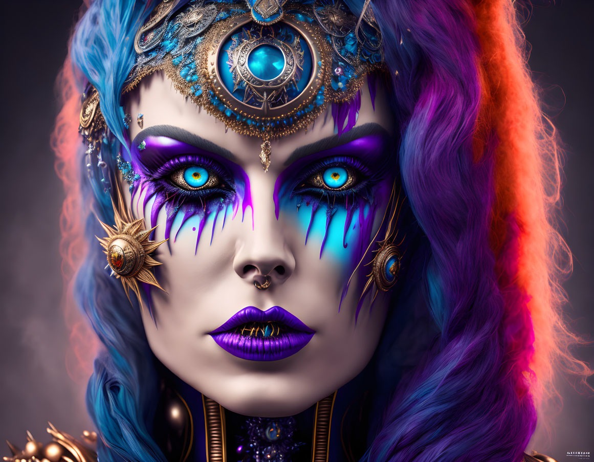 Fantasy character portrait with blue and purple makeup, ornate headpiece, multicolored hair