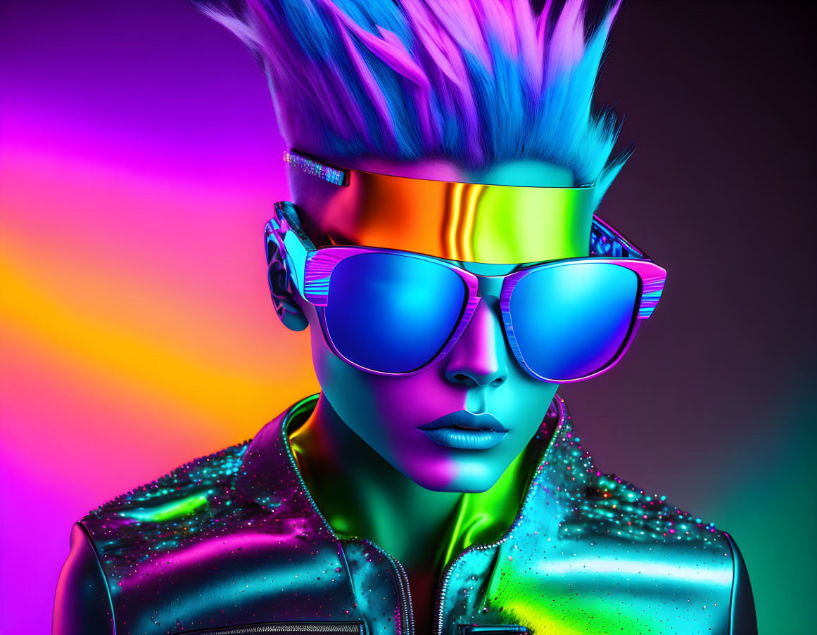 Colorful portrait of a person with iridescent skin and blue spiked hair