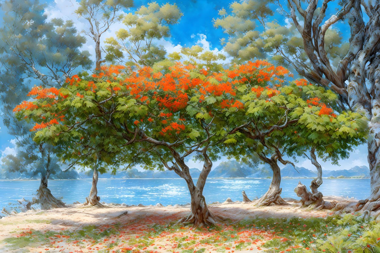 Colorful painting of flowering tree on sunny beach