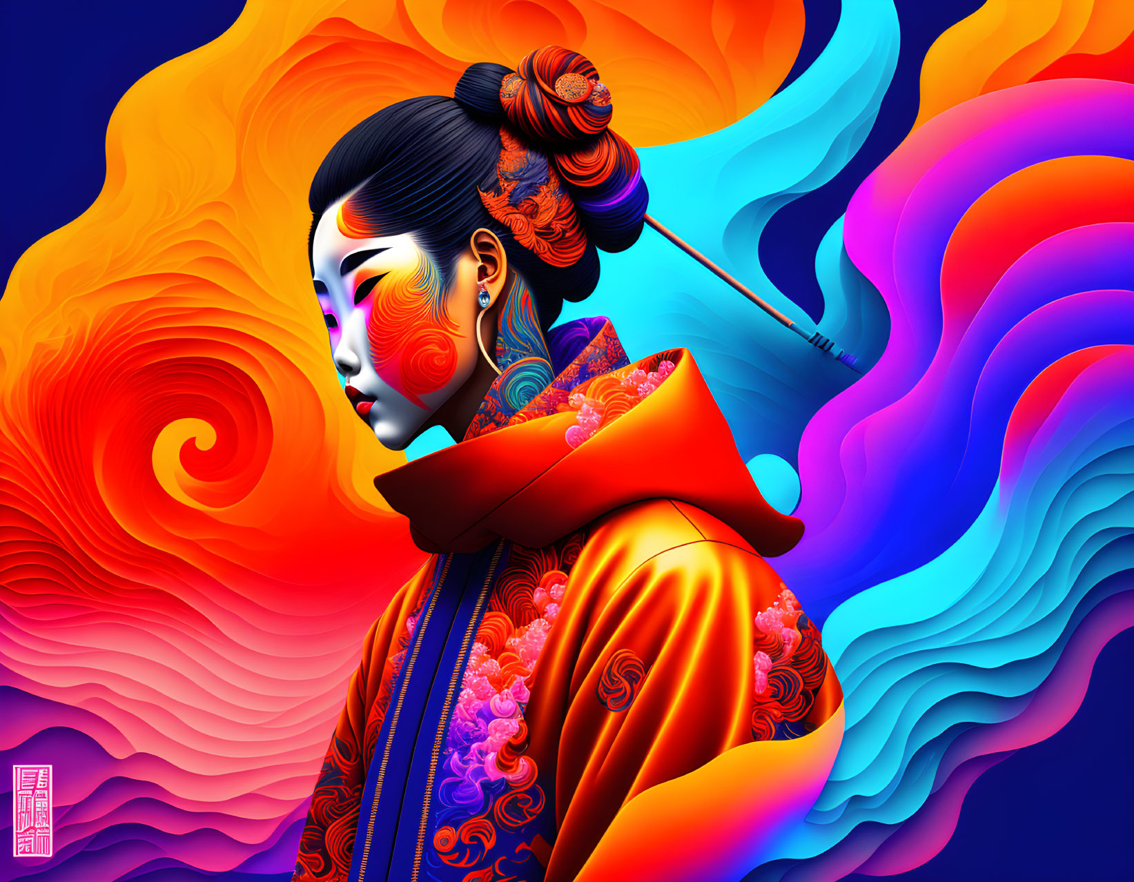 Colorful digital artwork: Woman in traditional Asian attire with swirling background