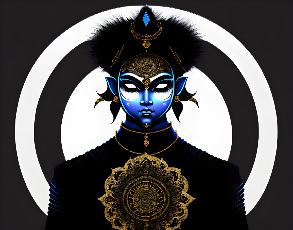 Blue-faced figure with multiple eyes and ornate headdress against black and white backdrop