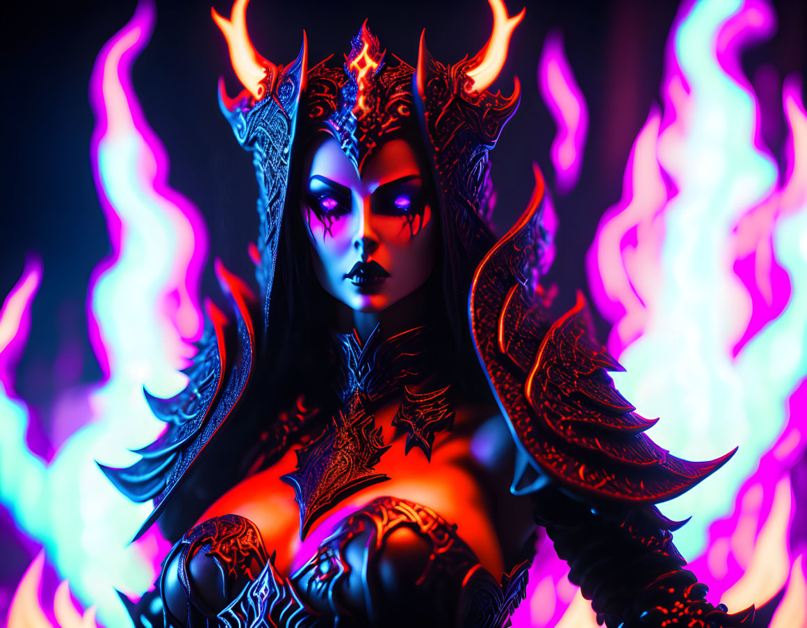 Fantasy woman digital illustration with mystical horns and fiery aura.