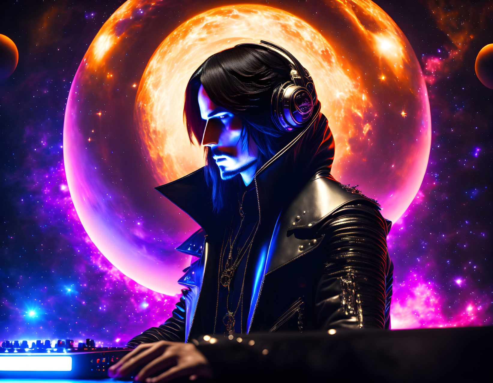 Futuristic DJ in cyberpunk attire against cosmic backdrop