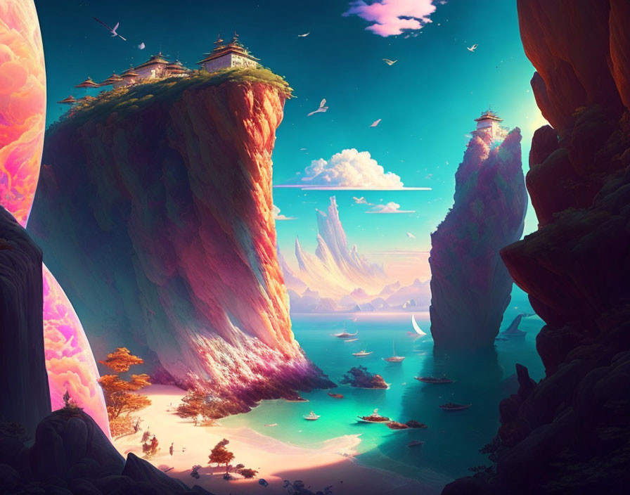 Majestic cliffs, turquoise sea, lush vegetation, and ethereal skies in a fantastical landscape