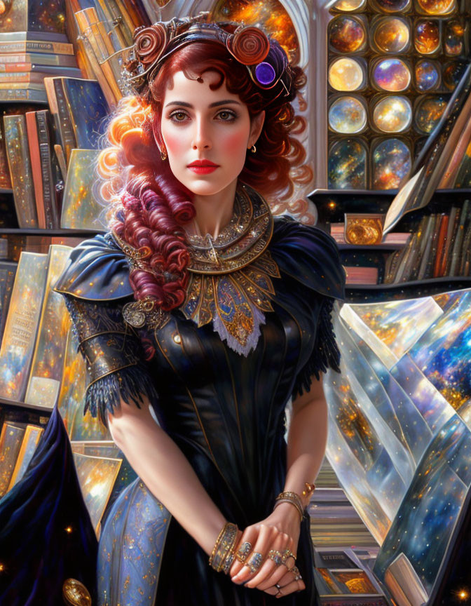 Red-haired woman in blue and gold dress with books and celestial globes.