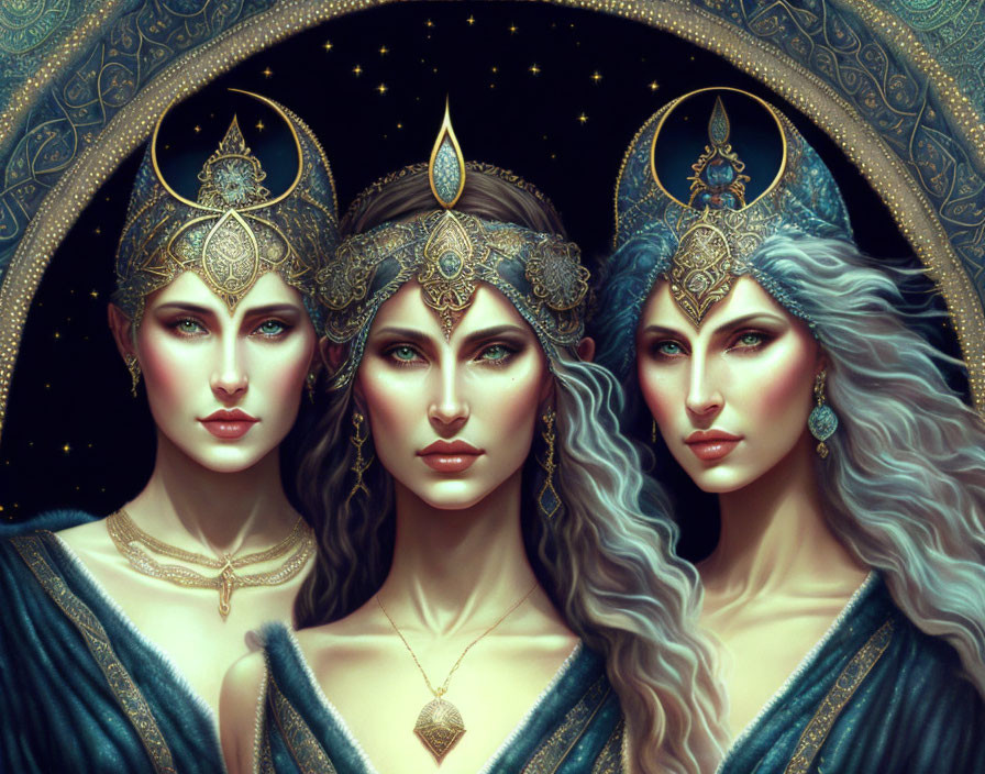 Ethereal women with ornate headdresses and celestial elegance