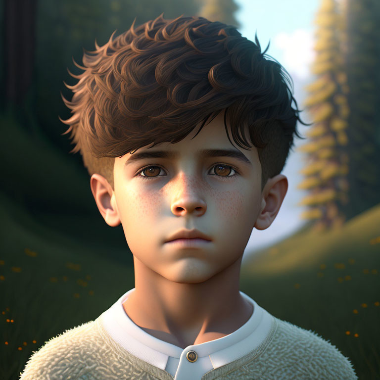 Young boy with curly hair and green eyes in contemplative pose against forest sunset backdrop