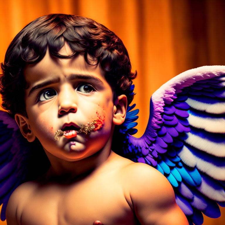 Child with Curly Hair and Colorful Wings in Contemplation on Orange Background