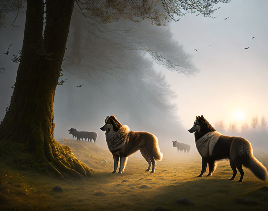 Misty forest scene with wolves, sunlight, birds, and distant pack.