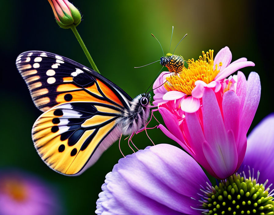 Colorful butterfly and small insect on pink flower with blurred green backdrop