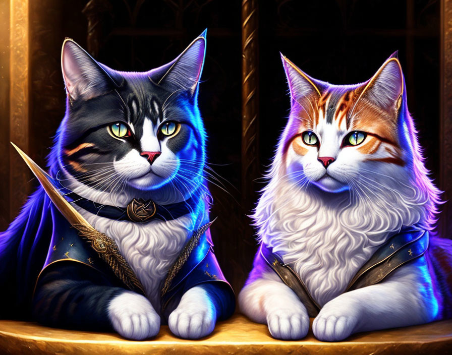 Regal cats in medieval attire with sword, luxurious backdrop