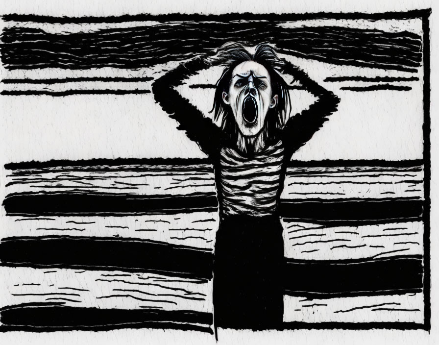 Monochrome drawing of distressed figure against striped background