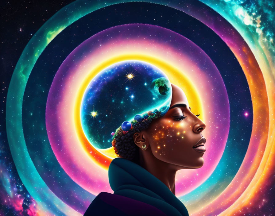 Woman in profile against cosmic background with galaxies, planets, and stars, surreal astral theme.
