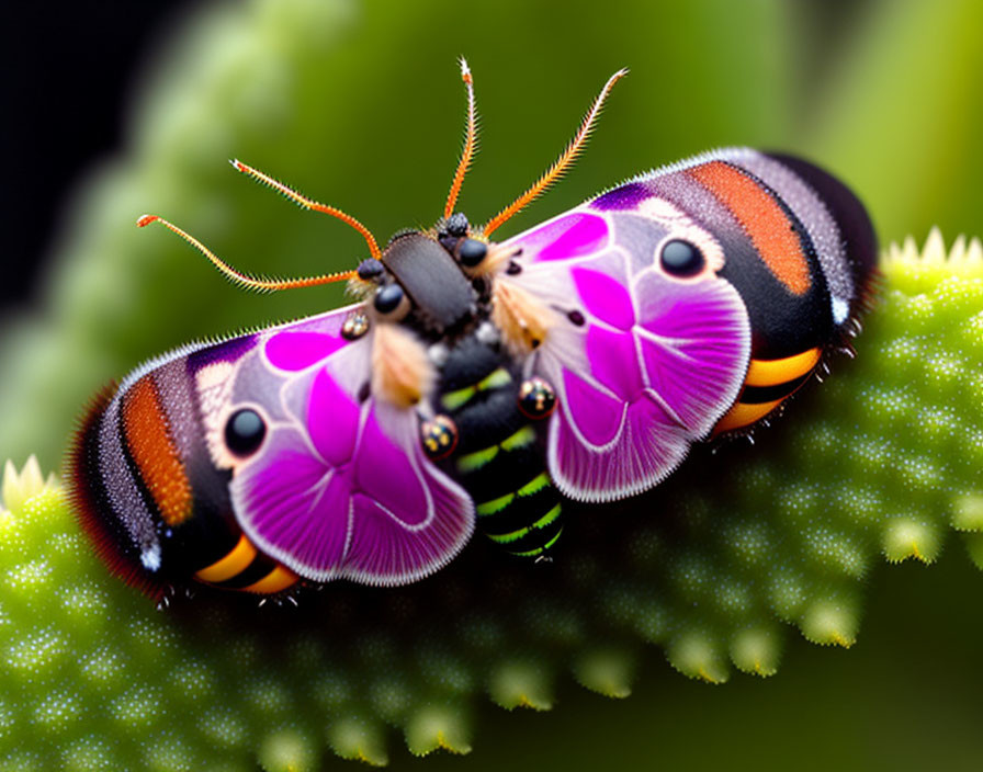 Colorful Insect with Face-Like Patterns on Green Plant Surface