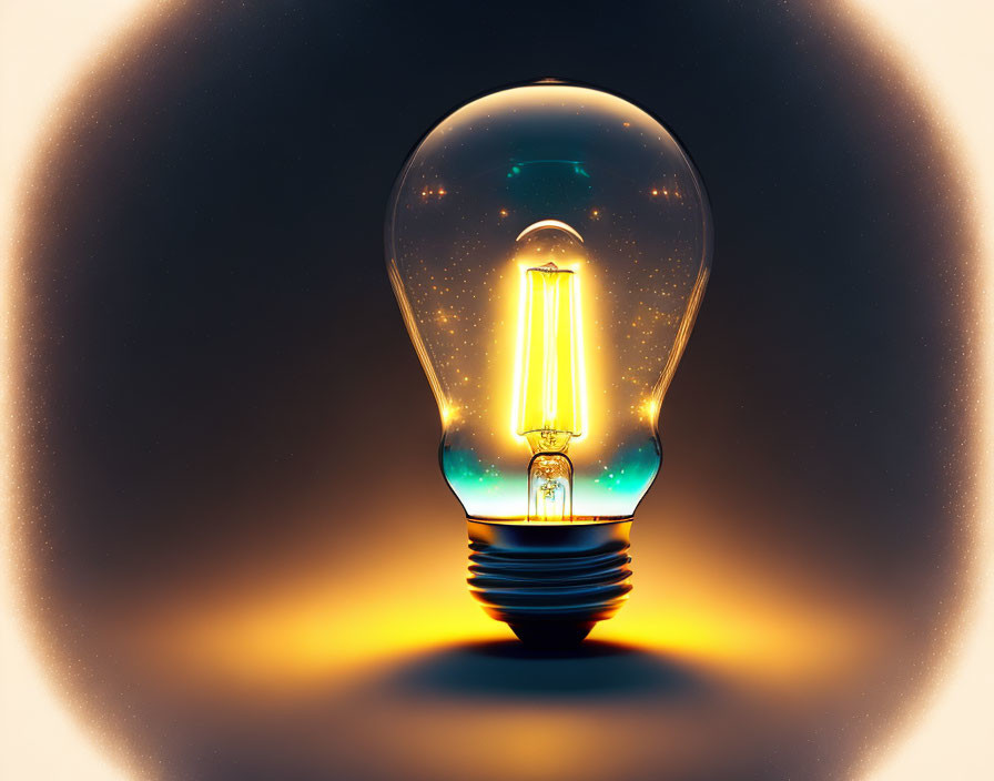 Glowing light bulb with visible filament against dark, moody background