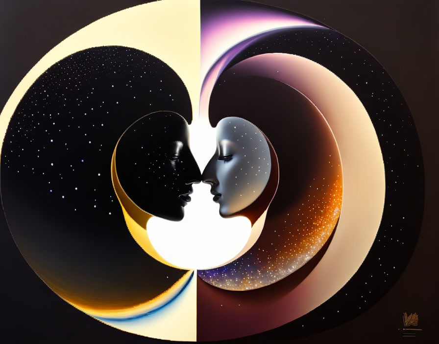 Surrealist artwork: Two profiles in yin-yang with cosmic hues