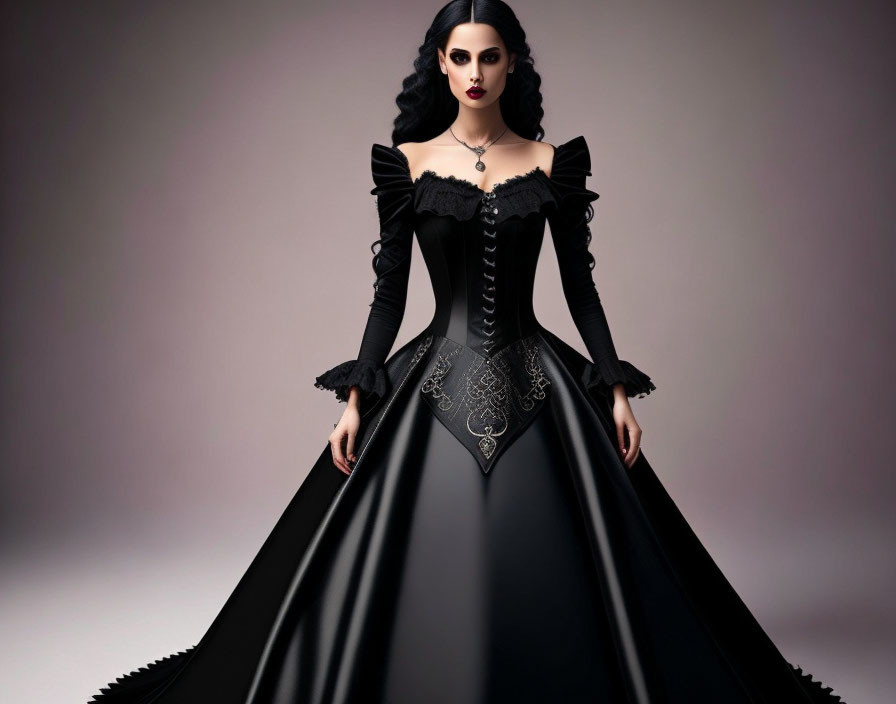 Woman in gothic black dress with lace sleeves and corset against gradient backdrop