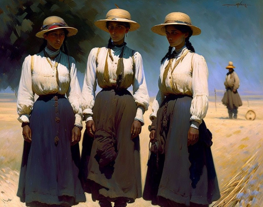Three women in traditional attire and wide-brimmed hats with a man in a historical agrarian setting