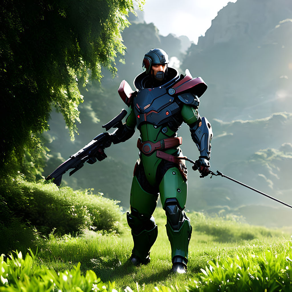 Futuristic soldier in green and blue armor with rifle and sword in lush meadow