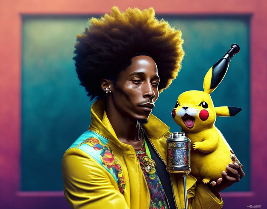 Man with large afro in yellow jacket holding Pikachu character mimicking his expression