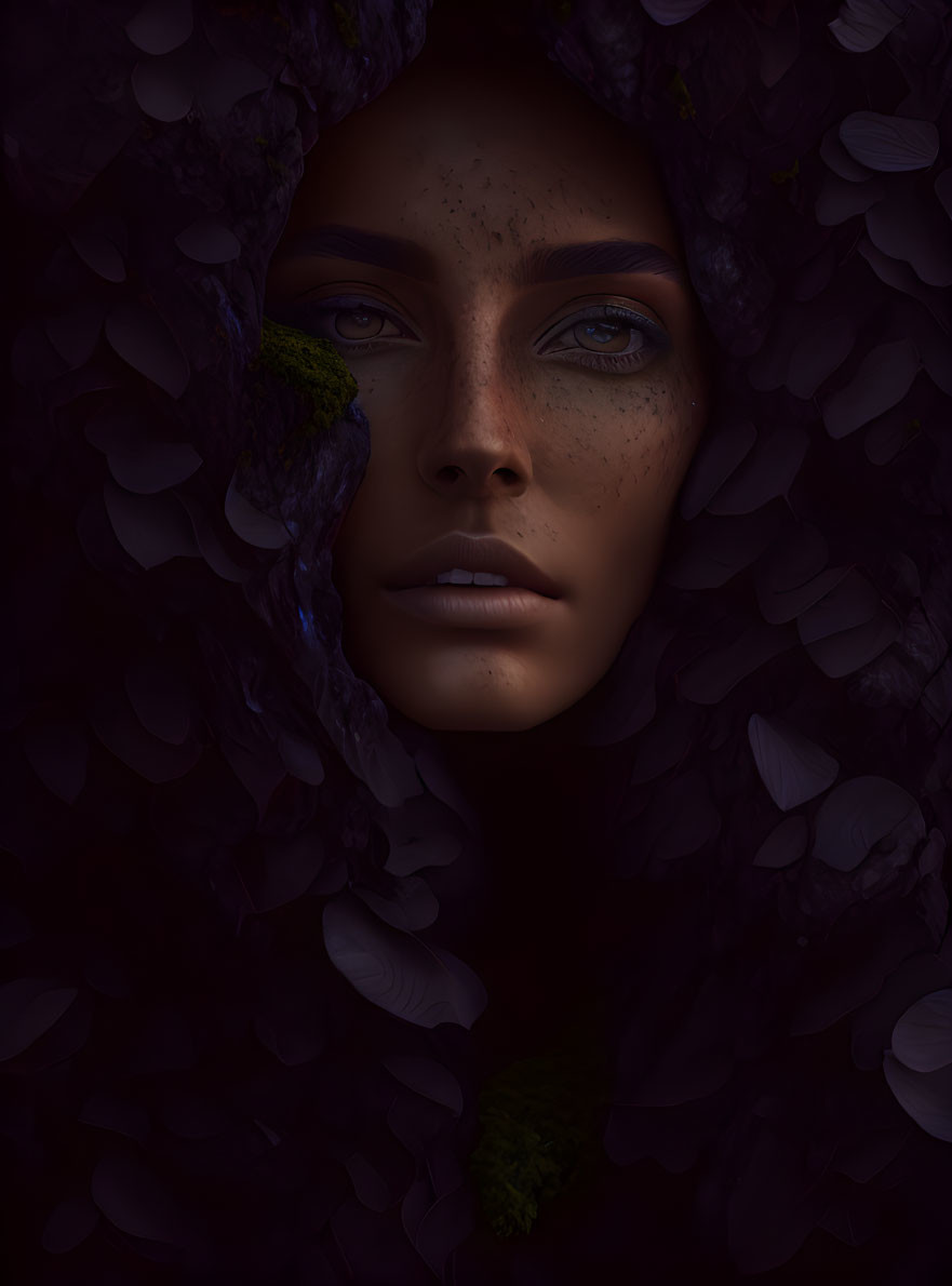 Surreal portrait of woman's face with dark purple petals and moss accents