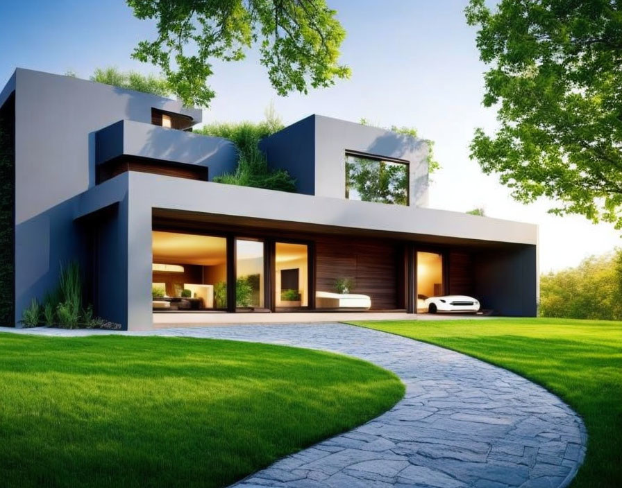Contemporary house with large windows, flat roofs, manicured lawn, curved pathway, and white car