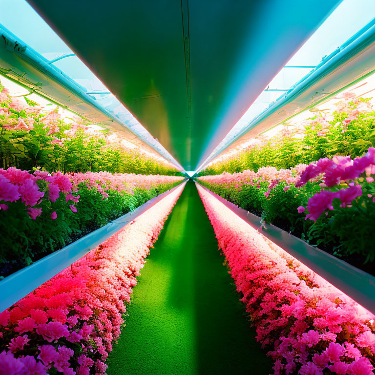 Pink flowers in greenhouse with strong perspective.