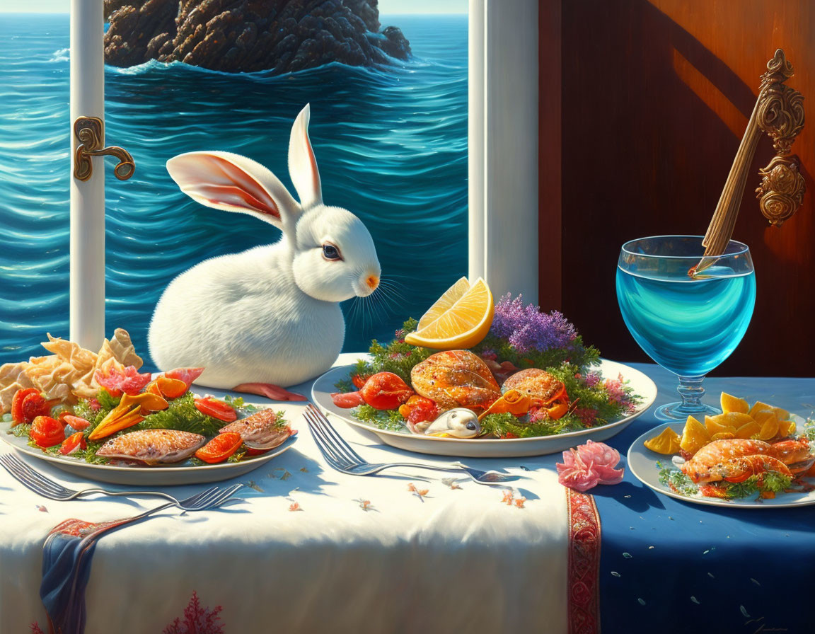 Surreal painting: Rabbit dining by ocean with rabbit-shaped rock.