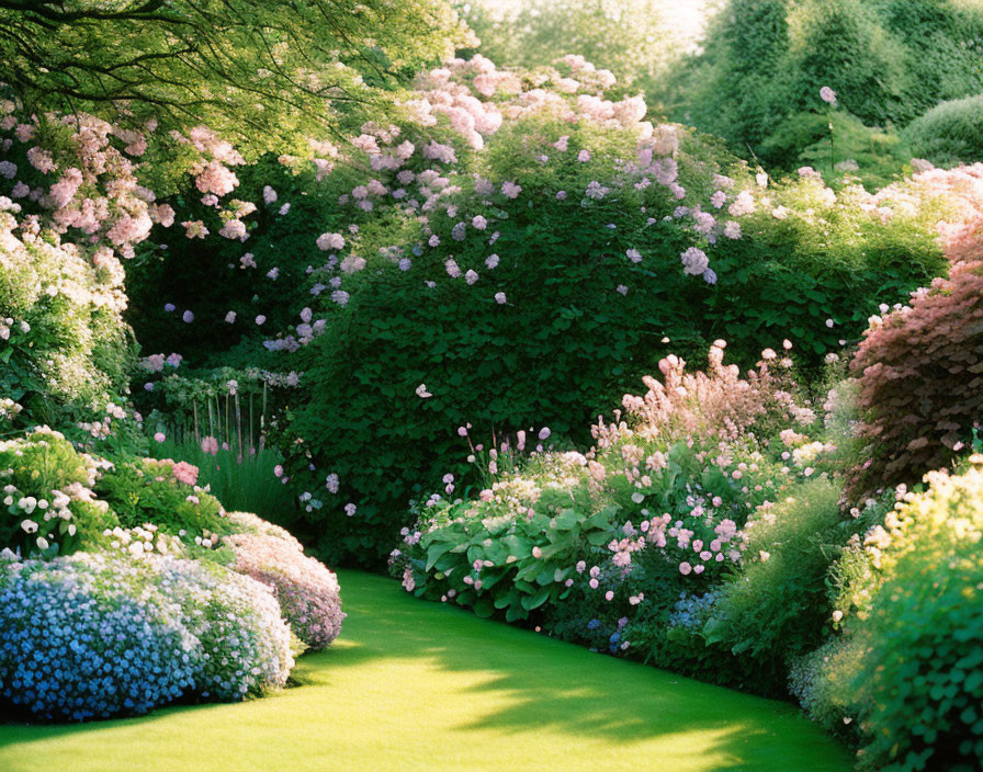Beautiful Garden with Pink Roses, Hydrangeas, and Green Lawn in Sunlight