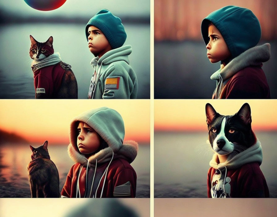 Child and cat matching outfits and expressions in 4 portraits against orange dusk backdrop