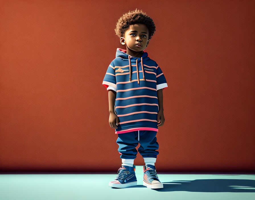 Child in Striped Outfit Stands Against Orange Background