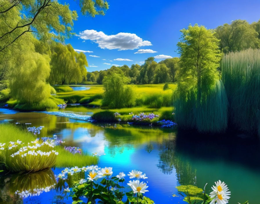 Tranquil landscape with blue river, willow trees, and blooming flowers