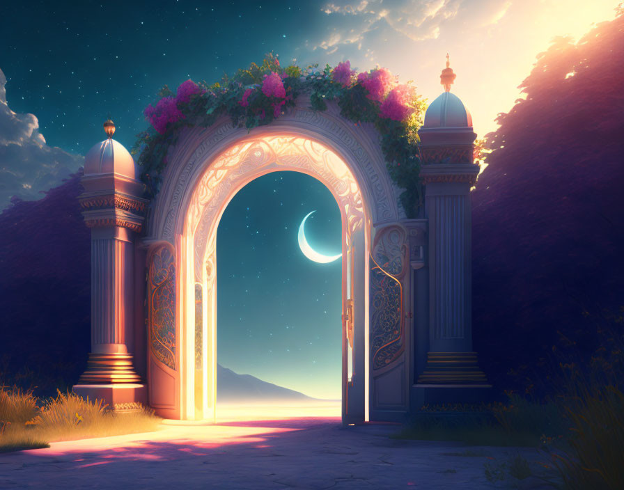 Intricate floral archway under starry sky with crescent moon and distant horizon.