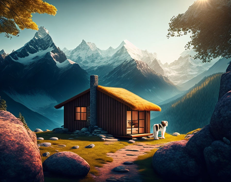 Tranquil landscape with cabin, person stretching, mountains, and greenery