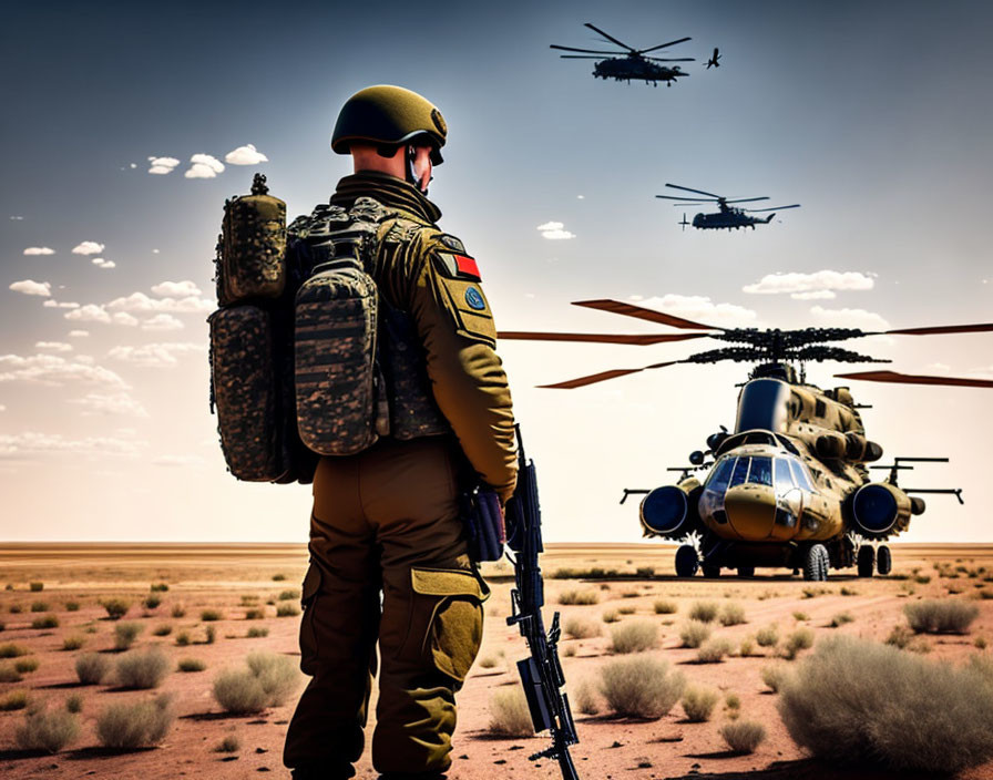 Soldier in gear watching helicopters land in desert landscape